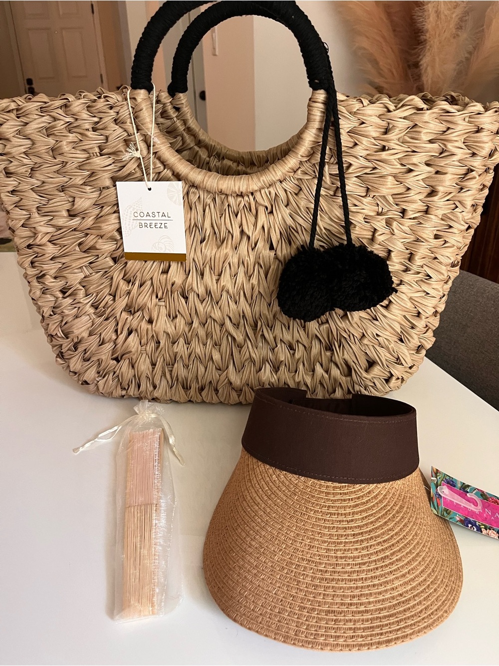 Coastal Breeze Straw Bag, Fan and Visor Set NEW WITH TAGS